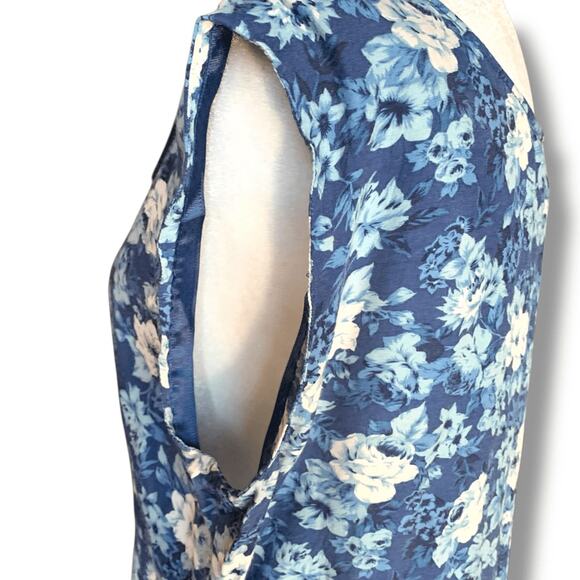 Vintage 90s Blue Floral Midi Dress Sleeveless Rayon A Line Medium Romantic - Picture 11 of 14